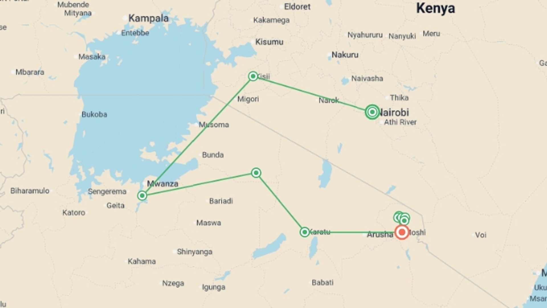 A map showing the tour itinerary for the trip: Safari to Kilimanjaro - Machame Route, starting in Nairobi, Kenya and ending in Moshi, Tanzania going through 10 other destinations.