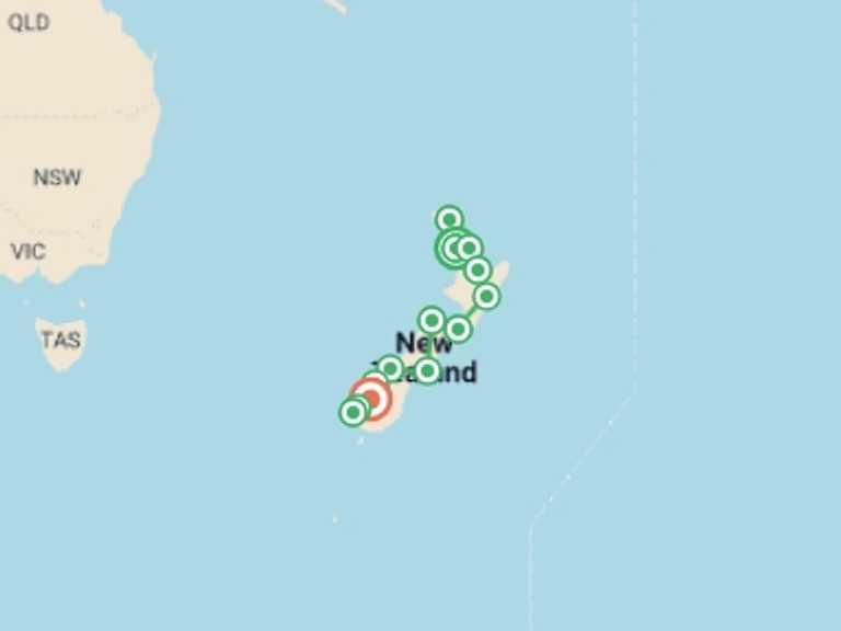 Map of New Zealand Tour with 14 destination visits for the trip: New Zealand Wonders - 20 days