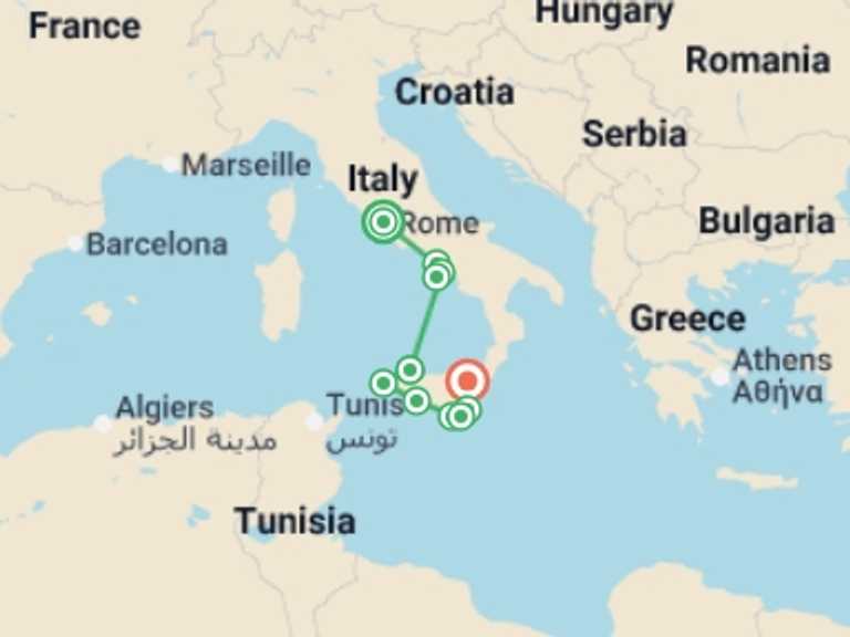 Map of 11-Day Rome Tour with 8 destination visits for the trip: Rome, Naples & Sicily Highlights - 11 days