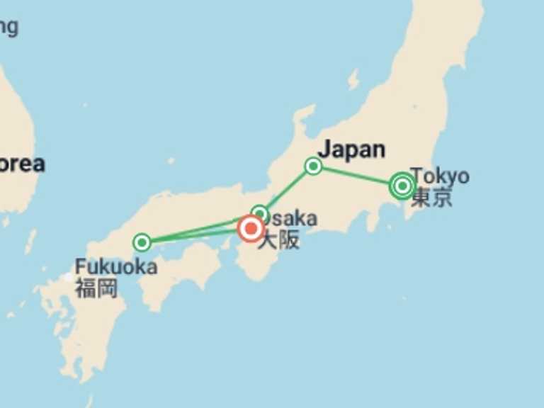 Map itinerary of Asia Tour in April 2027 with 5 destination visits for the trip: Epic Japan: Speed Trains & Street Food