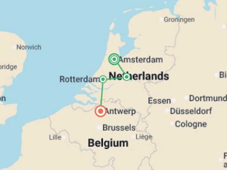 Map itinerary of Europe Tour in April 2027 with 4 destination visits for the trip: Springtime in Holland (port-to-port cruise)