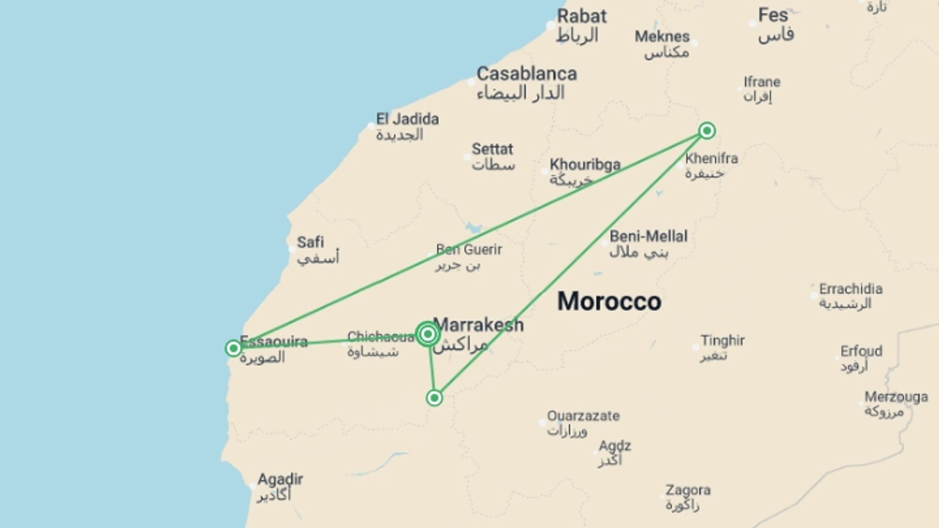 A map showing the tour itinerary for the trip: Morocco Family Holiday, starting in Marrakech, Morocco and ending in Marrakech, Morocco going through 3 other destinations.