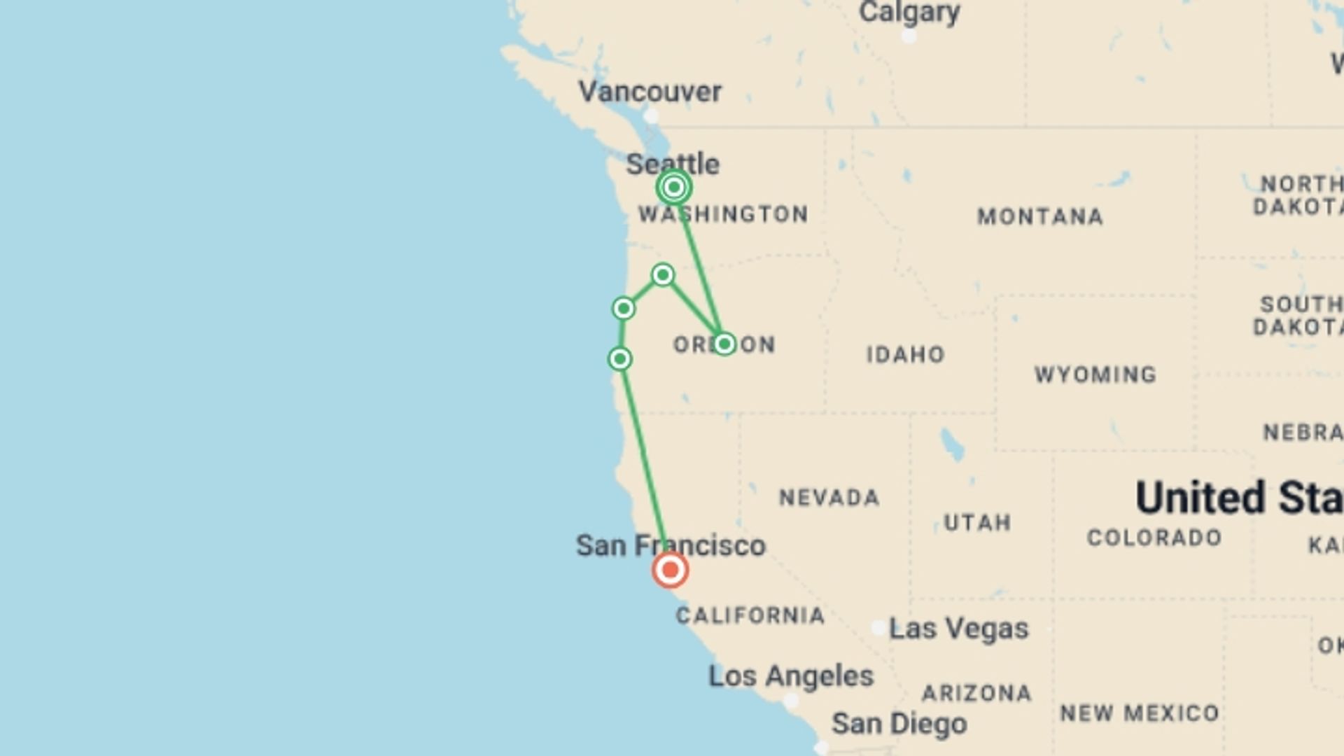 A map showing the tour itinerary for the trip: Pacific Northwest & California featuring Washington, Oregon and California, starting in Seattle, USA and ending in San Francisco, USA going through 0 other destinations.