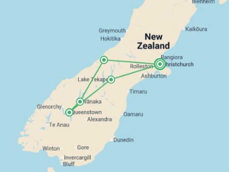 Map itinerary of New Zealand Tour in Winter with 4 destination visits for the trip: Budget South Island Adventure - 7 days