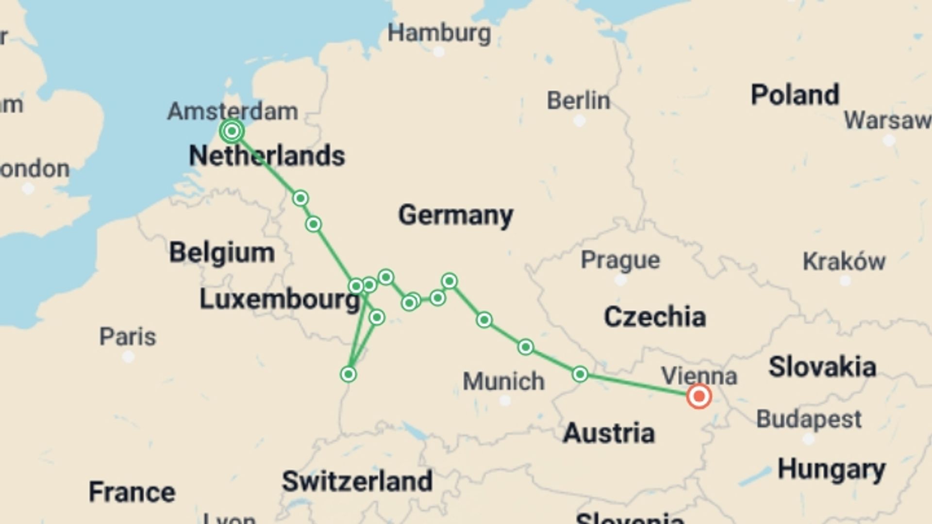 A map showing the tour itinerary for the trip: Three European Rivers: The Rhine, Main, and Danube¿between History and Baroque Splendor (port-to-port cruise), starting in Amsterdam, Holland and ending in Vienna, Austria going through 6 other destinations.