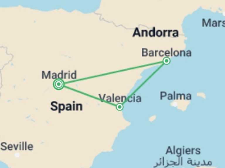 Map itinerary of Spain Tour in February 2026 with 3 destination visits for the trip: 4-day Guided Tour Valencia & Barcelona From Madrid