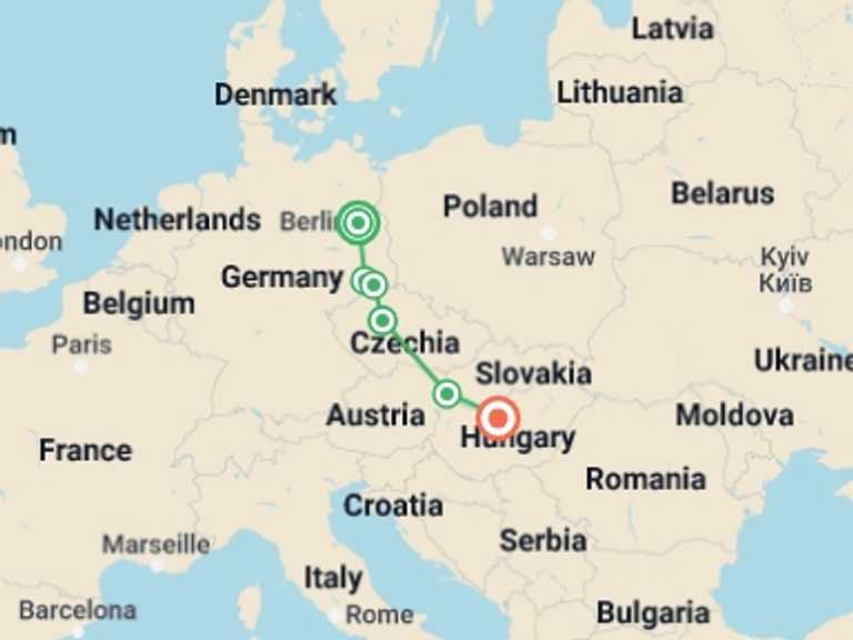 Map of Budapest Adventure Tour with 5 destination visits for the trip: Berlin to Budapest