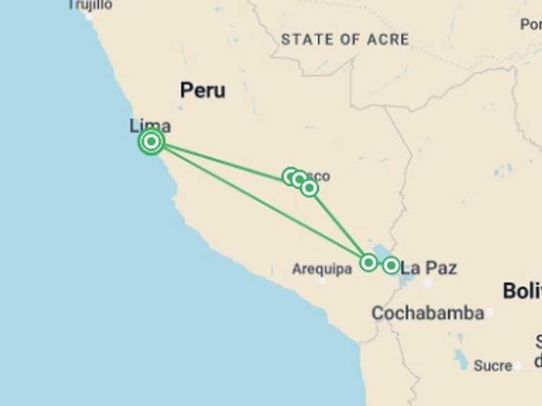 Map itinerary of Lima Tour in September 2027 with 6 destination visits for the trip: Peru Multisport
