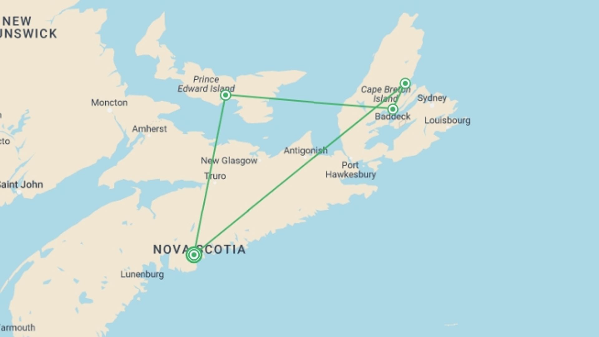A map showing the tour itinerary for the trip: Enchanting Islands Escape, starting in Halifax, Canada and ending in Halifax, Canada going through 4 other destinations.