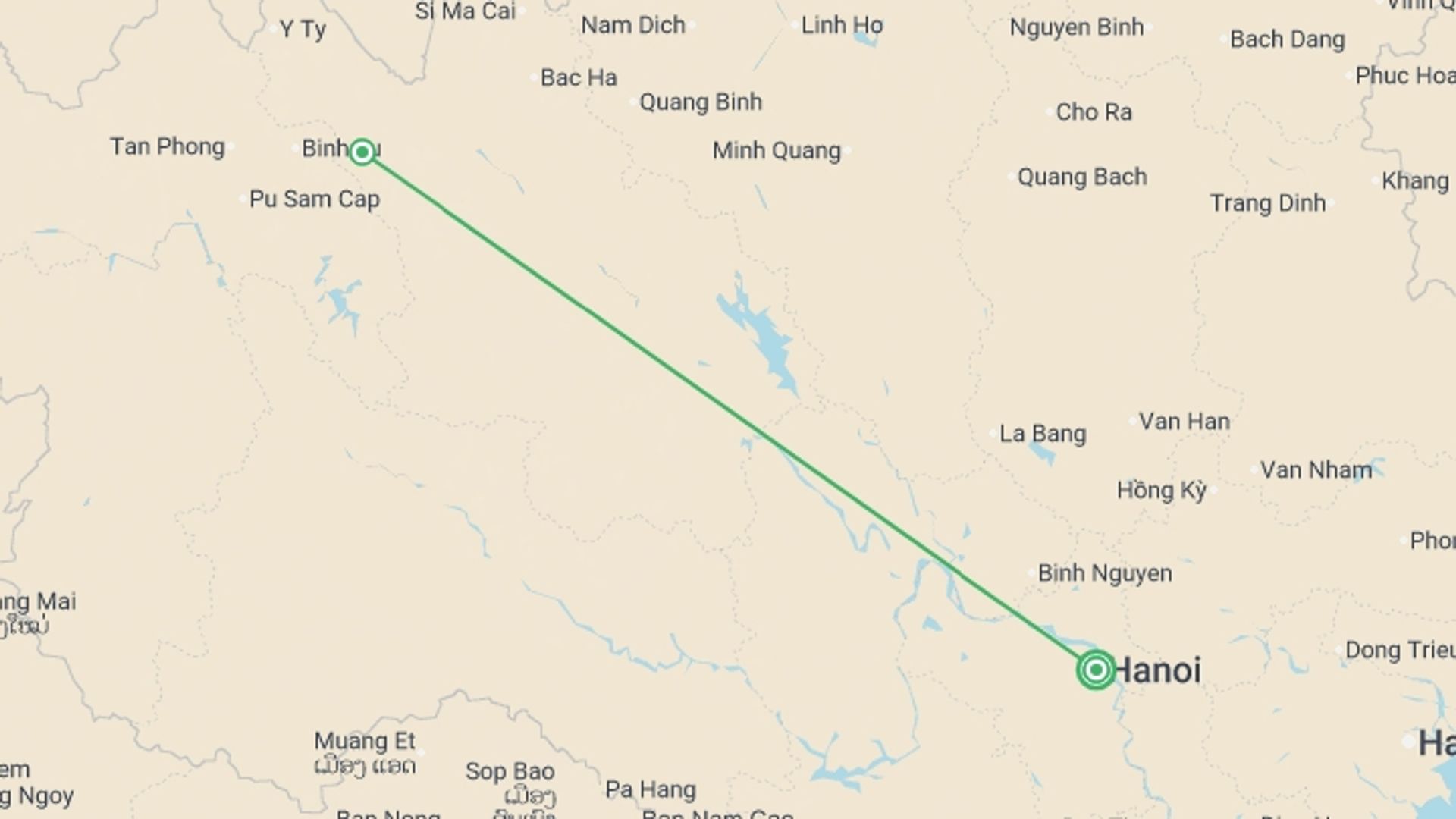 A map showing the tour itinerary for the trip: Hiking in Sapa Independent Short Break, starting in Hanoi, Vietnam and ending in Hanoi, Vietnam going through 1 other destinations.