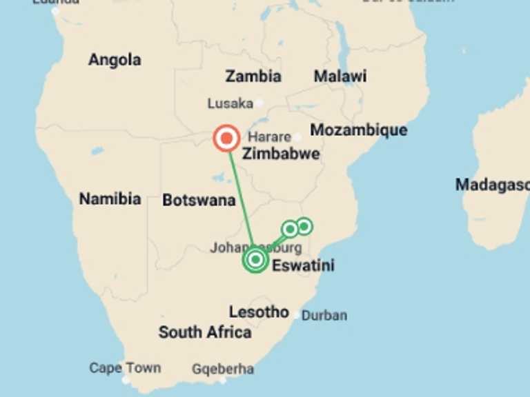 Map of Africa Tour with 4 destination visits for the trip: Journeys: Explore Kruger & Victoria Falls