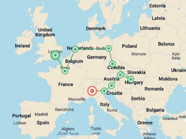 Map of London Cultural, religious and historic sites Tour with 10 destination visits for the trip: Discover Europe by Rail