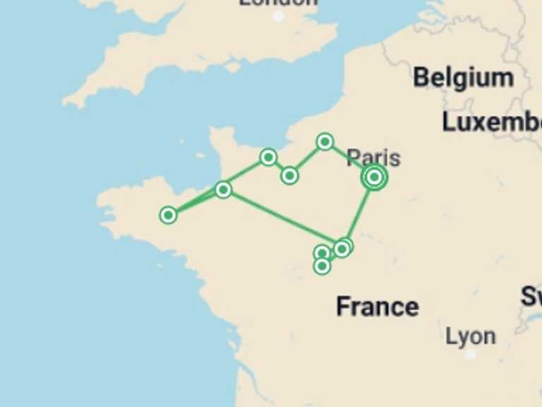 Map itinerary of Paris Tour in Summer with 3 destination visits for the trip: Best Of France Tour