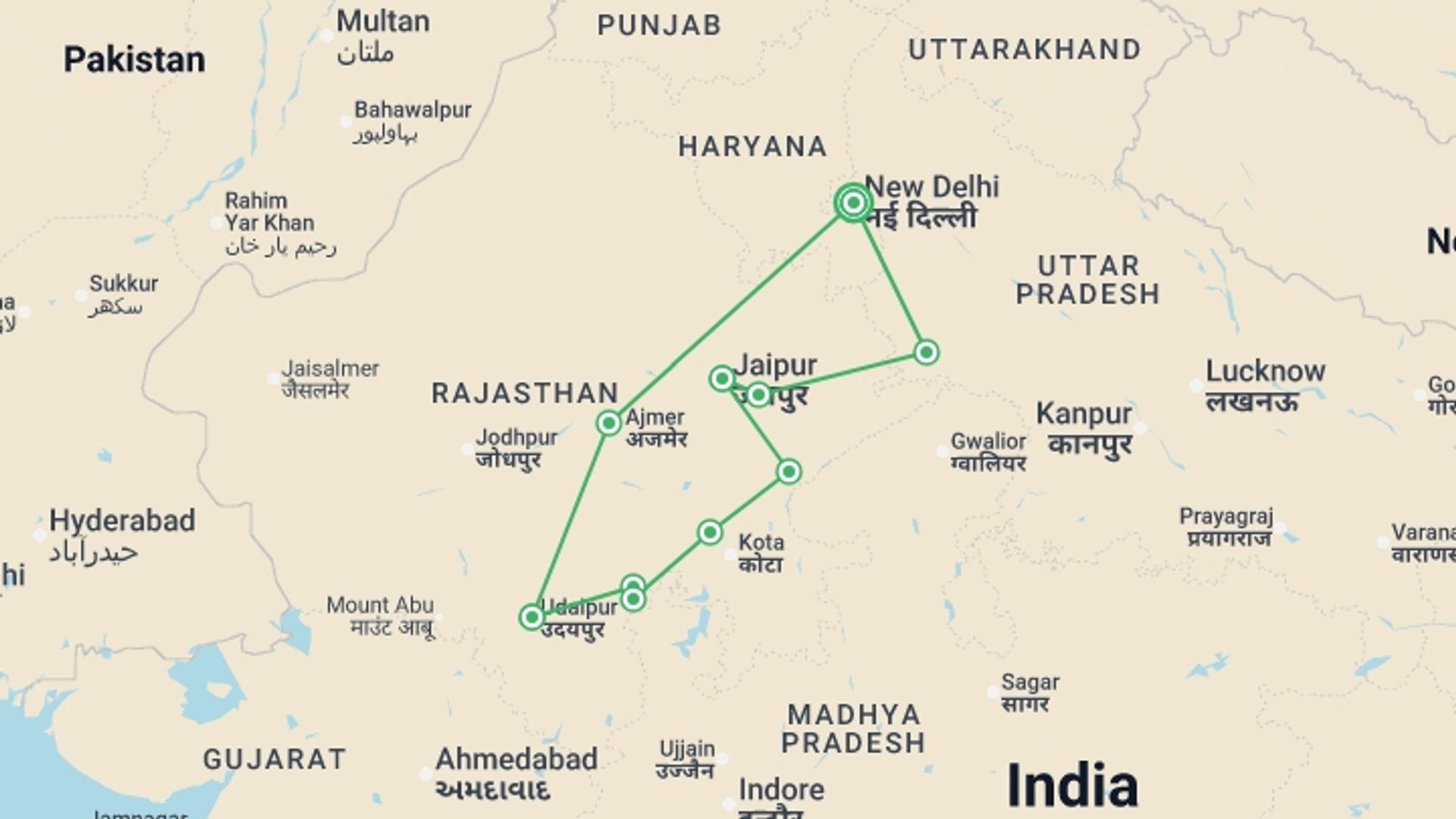 A map showing the tour itinerary for the trip: Classic Rajasthan, starting in New Delhi, India and ending in New Delhi, India going through 9 other destinations.