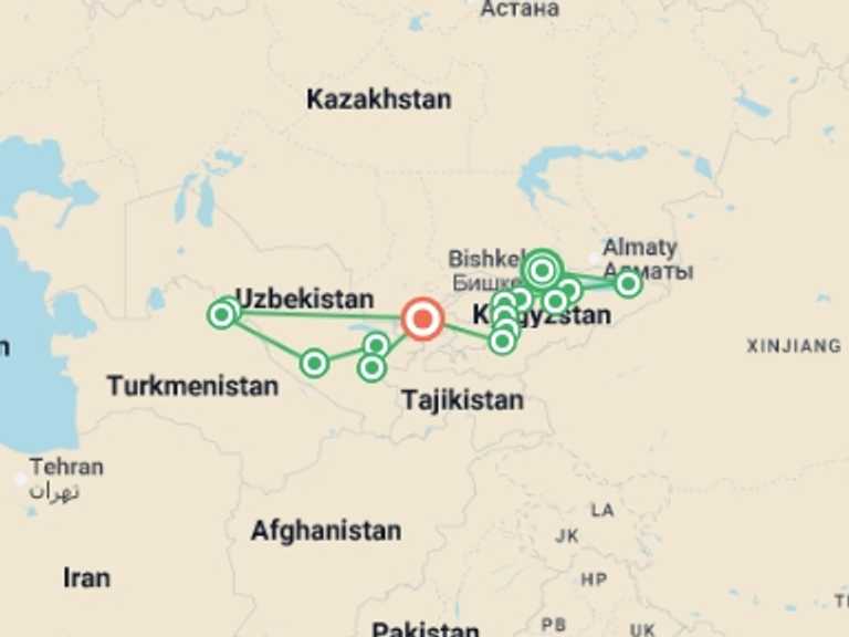 Map itinerary of Bishkek Tour in May 2026 with 15 destination visits for the trip: The Silk Road of Kyrgyzstan and Uzbekistan