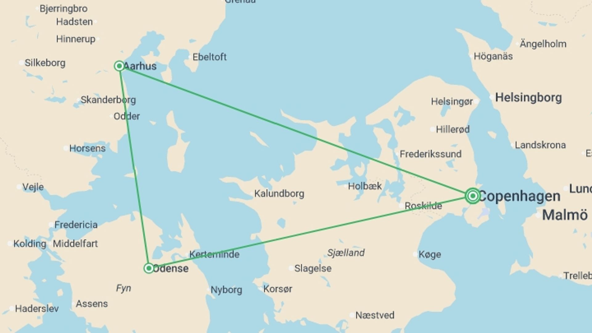 A map showing the tour itinerary for the trip: Best of Denmark By Train - 8 days, starting in Copenhagen, Denmark and ending in Copenhagen, Denmark going through 2 other destinations.