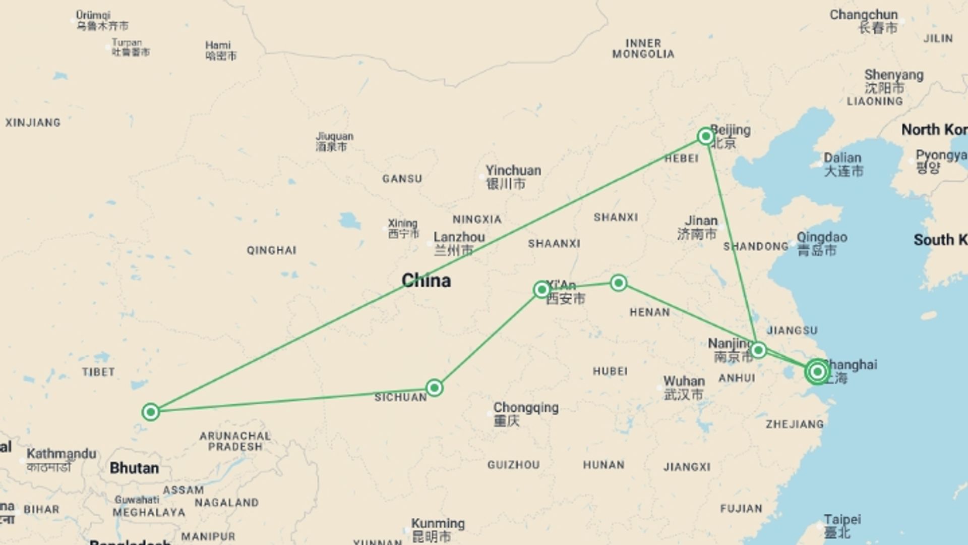 A map showing the tour itinerary for the trip: Roads of Tibet and Unforgettable China, starting in Shanghai, China and ending in Shanghai, China going through 6 other destinations.