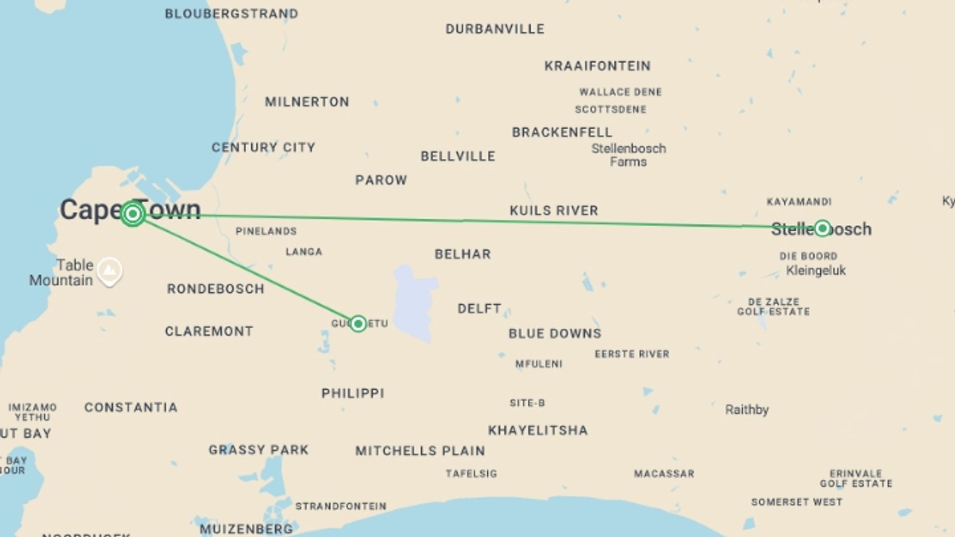 A map showing the tour itinerary for the trip: Cape Town's Architectural Gems, Private Tour, starting in Cape Town, South Africa and ending in Cape Town, South Africa going through 0 other destinations.