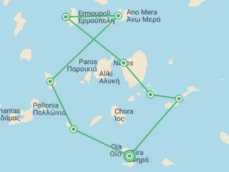 Map itinerary of Santorini Tour in Spring with 8 destination visits for the trip: Greece Sailing Adventure: Cyclades Islands