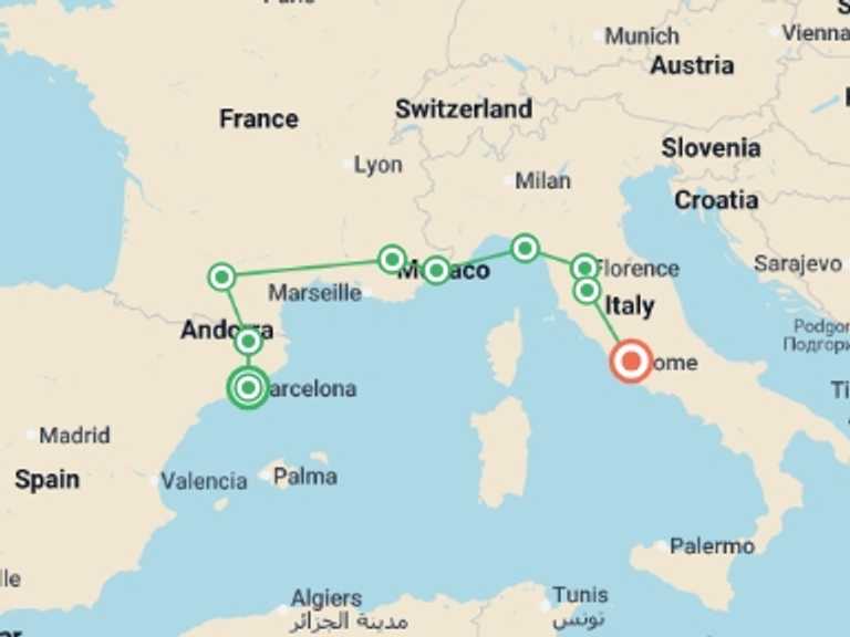 Map itinerary of Nice Tour in May 2027 with 9 destination visits for the trip: Barcelona to Rome