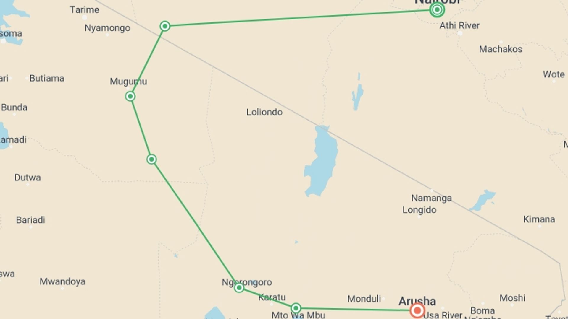 A map showing the tour itinerary for the trip: 9 Days Classic Kenya & Tanzania Safari From Nairobi, starting in Nairobi, Kenya and ending in Arusha, Tanzania going through 6 other destinations.