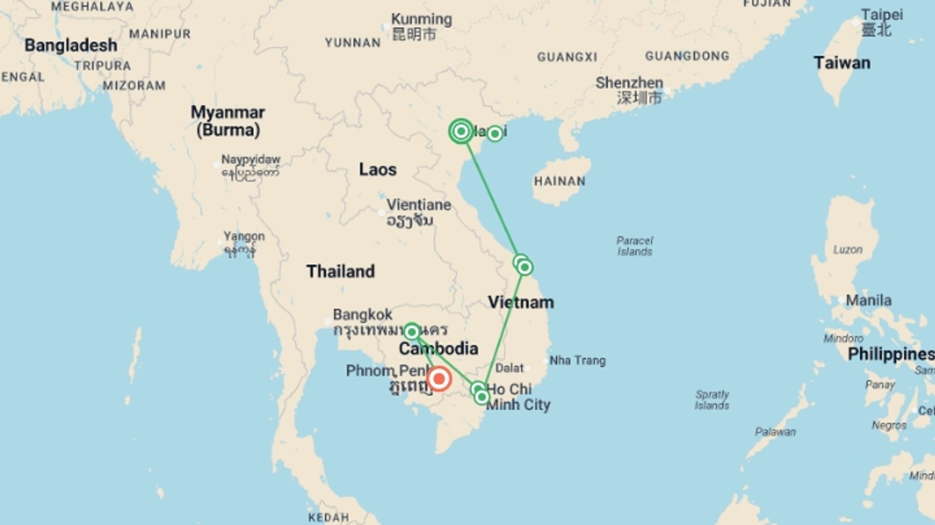 A map showing the tour itinerary for the trip: Vietnam & Cambodia Highlights, starting in Hanoi, Vietnam and ending in Phnom Penh, Cambodia going through 6 other destinations.