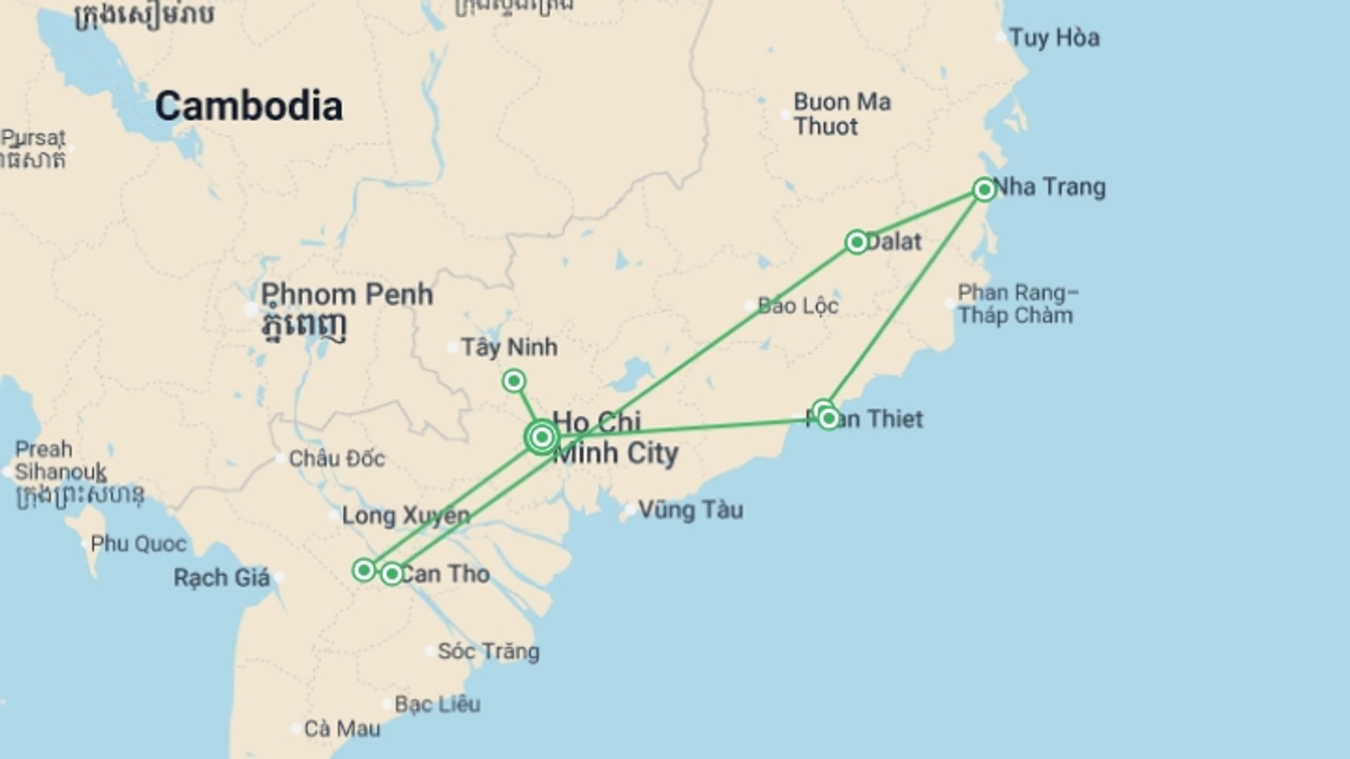 A map showing the tour itinerary for the trip: Highlights of South Vietnam - 11 days, starting in Ho Chi Minh City, Vietnam and ending in Ho Chi Minh City, Vietnam going through 5 other destinations.