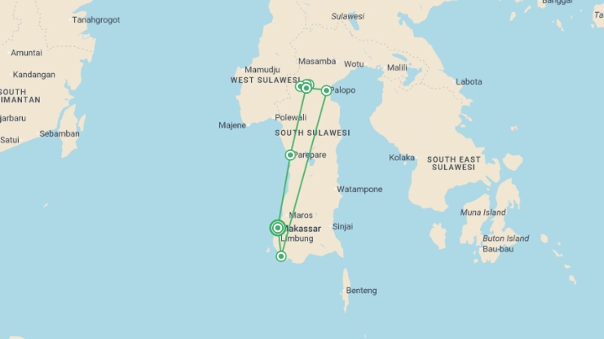 A map showing the tour itinerary for the trip: Indonesia Expedition: Sulawesi & Toraja Tribes, starting in Makassar, Indonesia and ending in Makassar, Indonesia going through 6 other destinations.