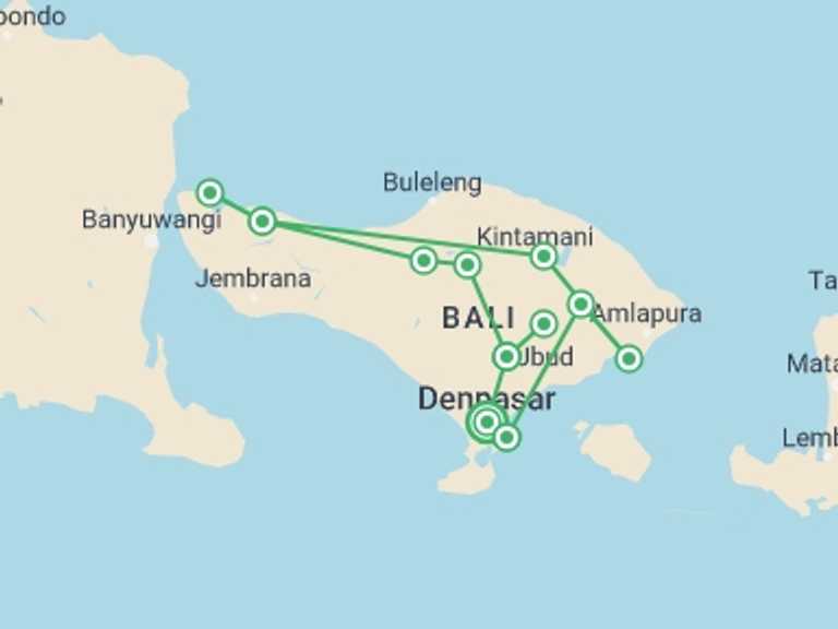 Map itinerary of Indonesia Tour in November 2026 with 7 destination visits for the trip: Bali Soft Adventure, Private Tour