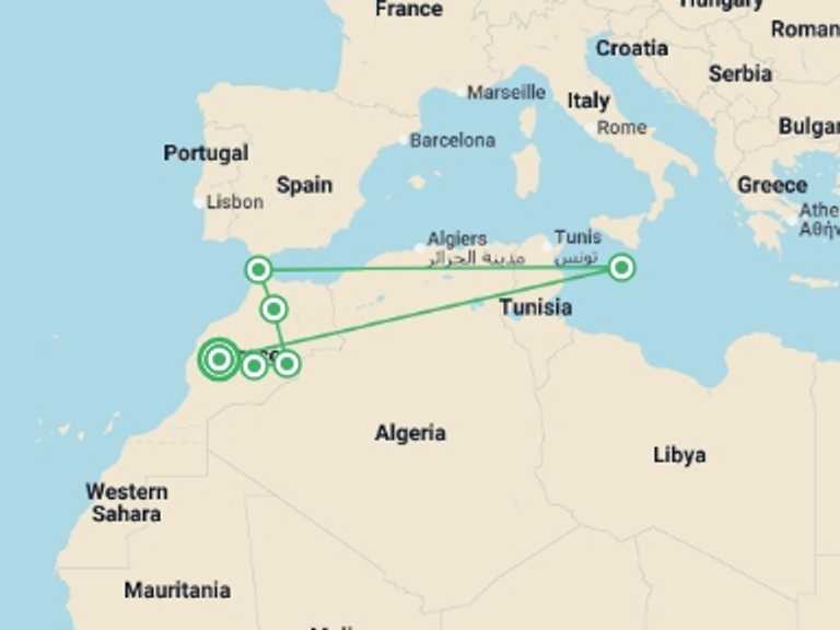 Map itinerary of Mediterranean Tour in Winter with 6 destination visits for the trip: Fable of Morocco ROT