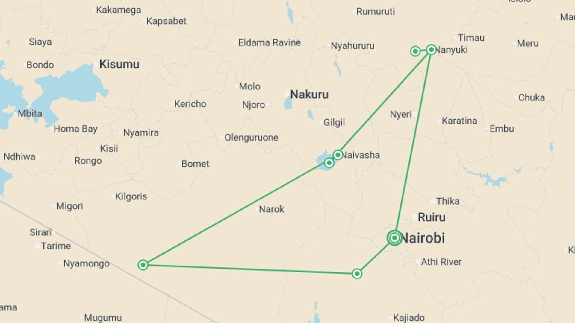 A map showing the tour itinerary for the trip: Kenya Family Safari - 8 days, starting in Nairobi, Kenya and ending in Nairobi, Kenya going through 4 other destinations.