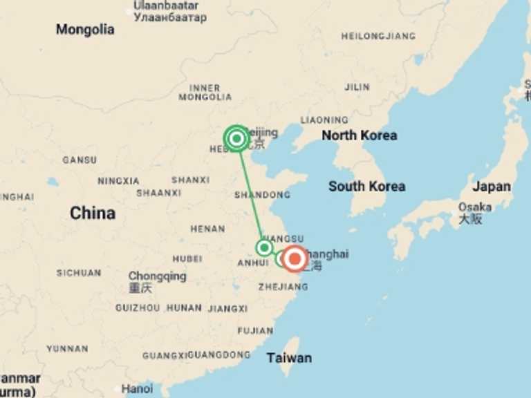 Map of China Tour with 3 destination visits for the trip: Beijing and Shanghai