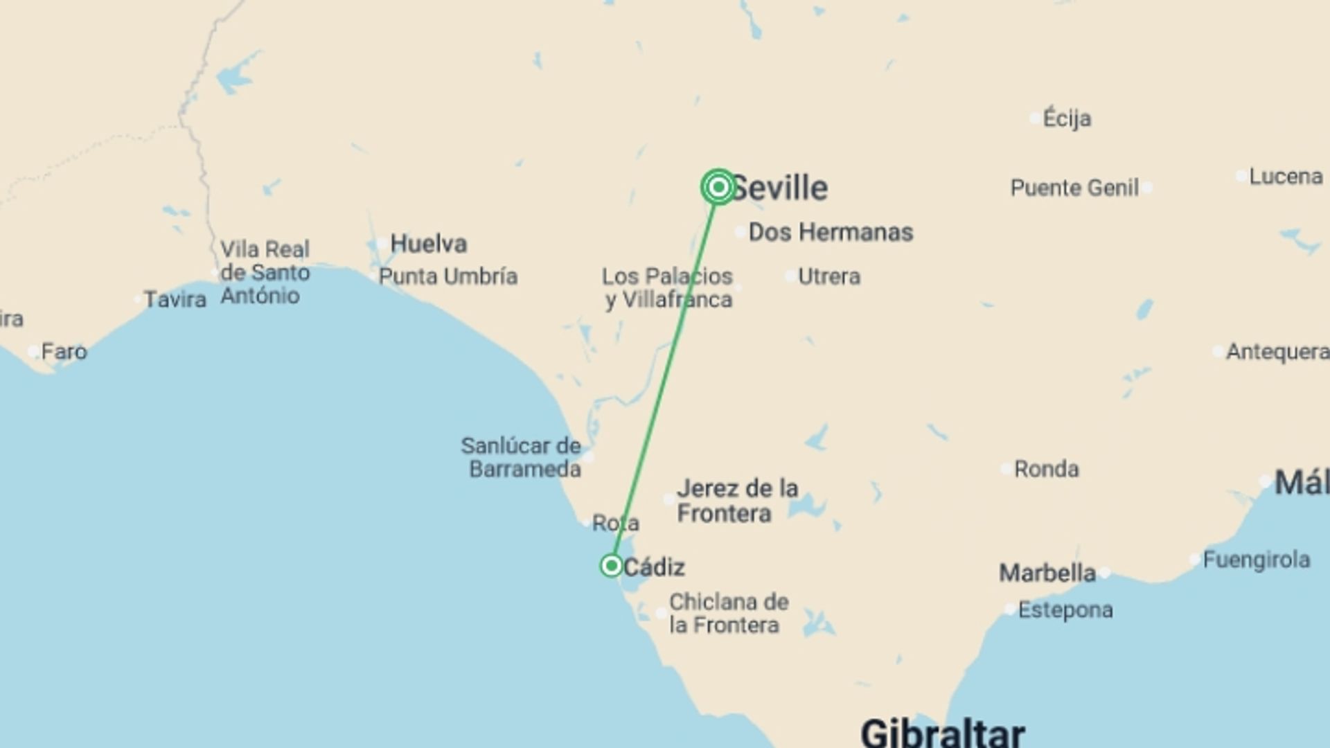 A map showing the tour itinerary for the trip: The The Soul of Christmas in Andalusia: Cruise to the Heart of the Nativity, embracing Spain's festive traditions and enchanting Christmas markets (port-to-port cruise), starting in Seville, Spain and ending in Seville, Spain going through 1 other destinations.