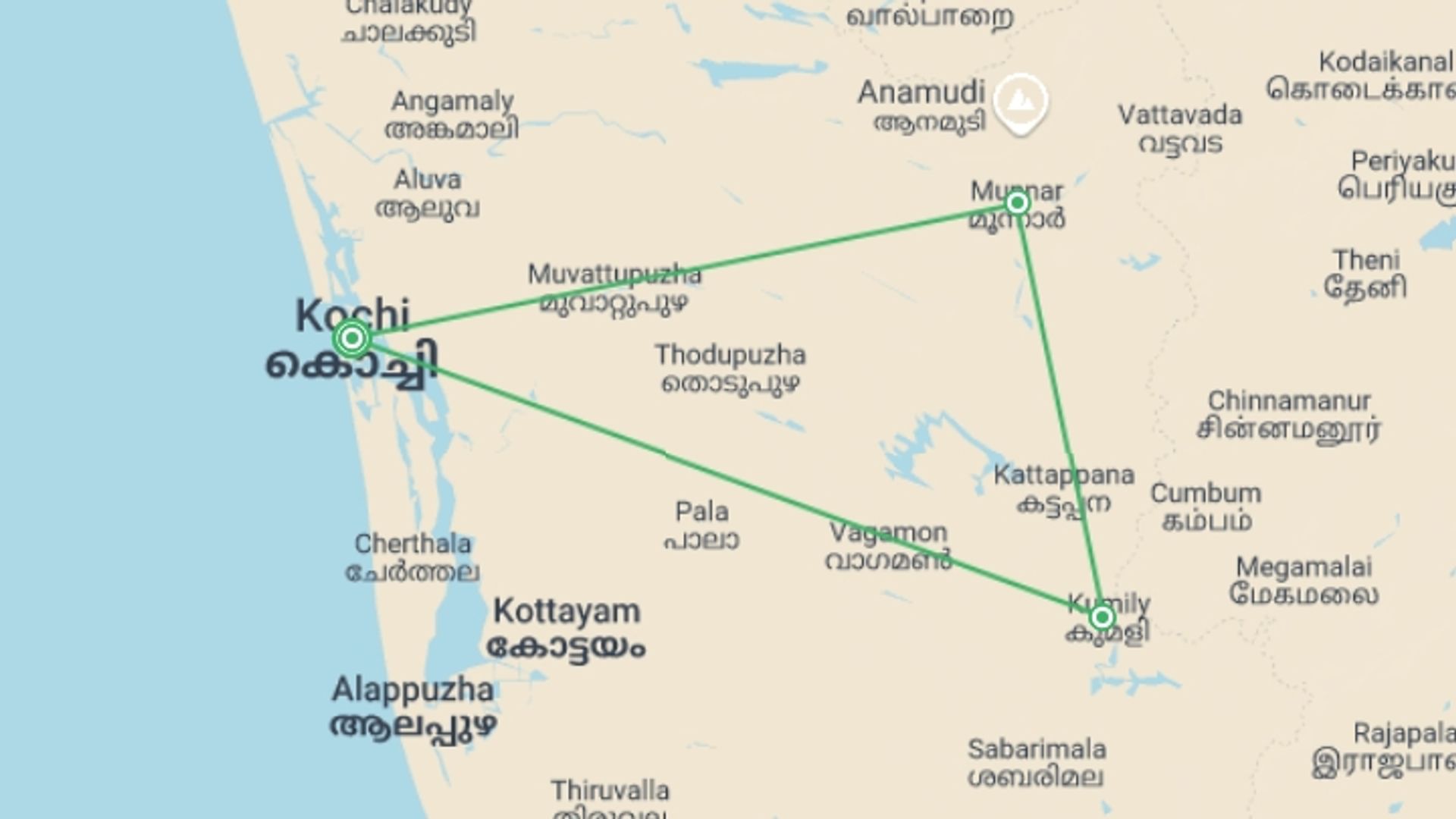 A map showing the tour itinerary for the trip: A Taste of Southern India - Temples and Tea Plantations, starting in Kochi, India and ending in Kochi, India going through 3 other destinations.
