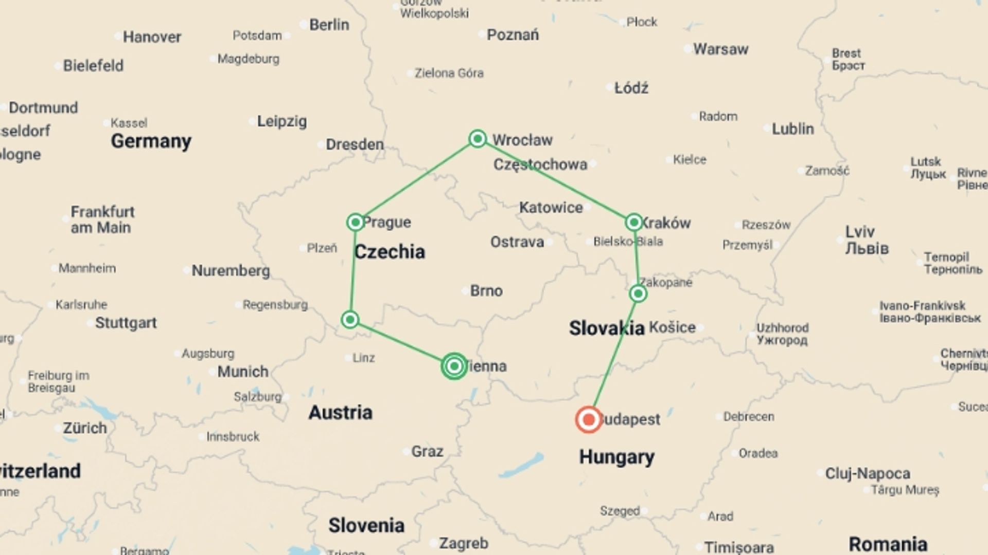 A map showing the tour itinerary for the trip: Best of Central Europe, starting in Vienna, Austria and ending in Budapest, Hungary going through 5 other destinations.