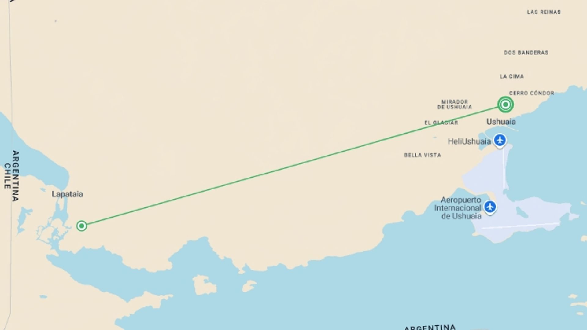 A map showing the tour itinerary for the trip: 4-day Classic Ushuaia: Tierra Del Fuego National Park, starting in Ushuaia, Argentina and ending in Ushuaia, Argentina going through 1 other destinations.