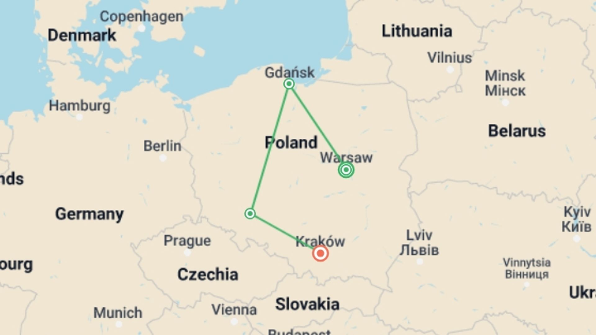 A map showing the tour itinerary for the trip: Highlights of Poland, starting in Warsaw, Poland and ending in Krakow, Poland going through 2 other destinations.