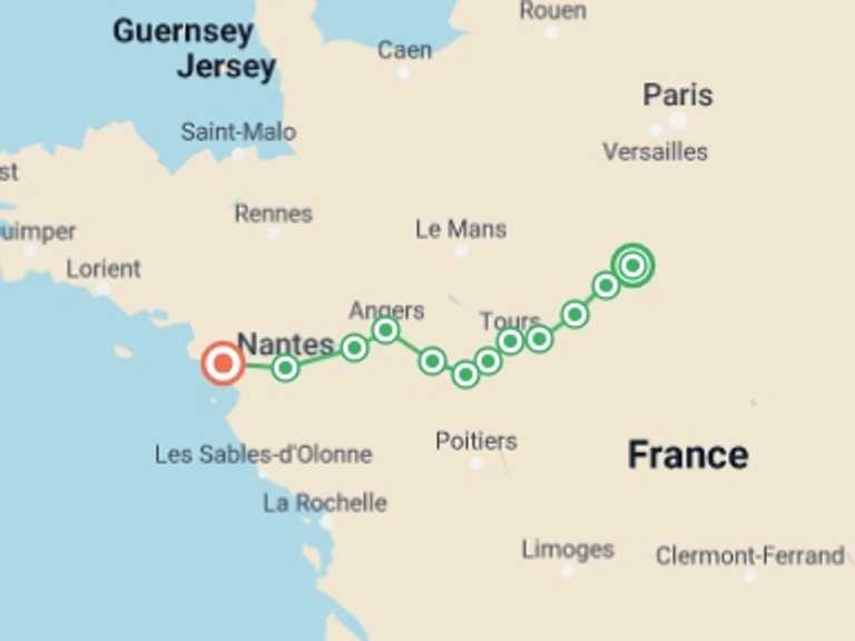 Map of Paris Adventure Tour with 15 destination visits for the trip: Cycle the Loire - Orléans to the Atlantic Coast