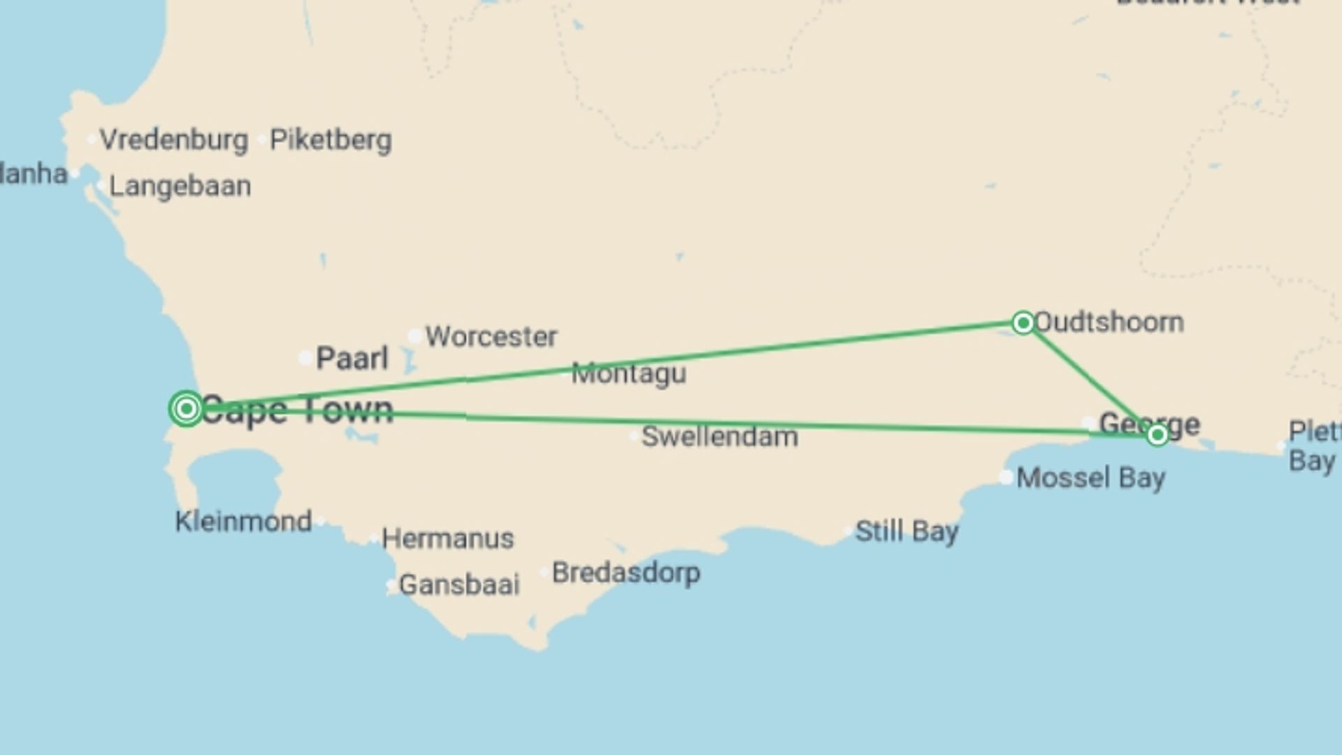 A map showing the tour itinerary for the trip: Garden Route Experience 3D/2N, starting in Cape Town, South Africa and ending in Cape Town, South Africa going through 2 other destinations.