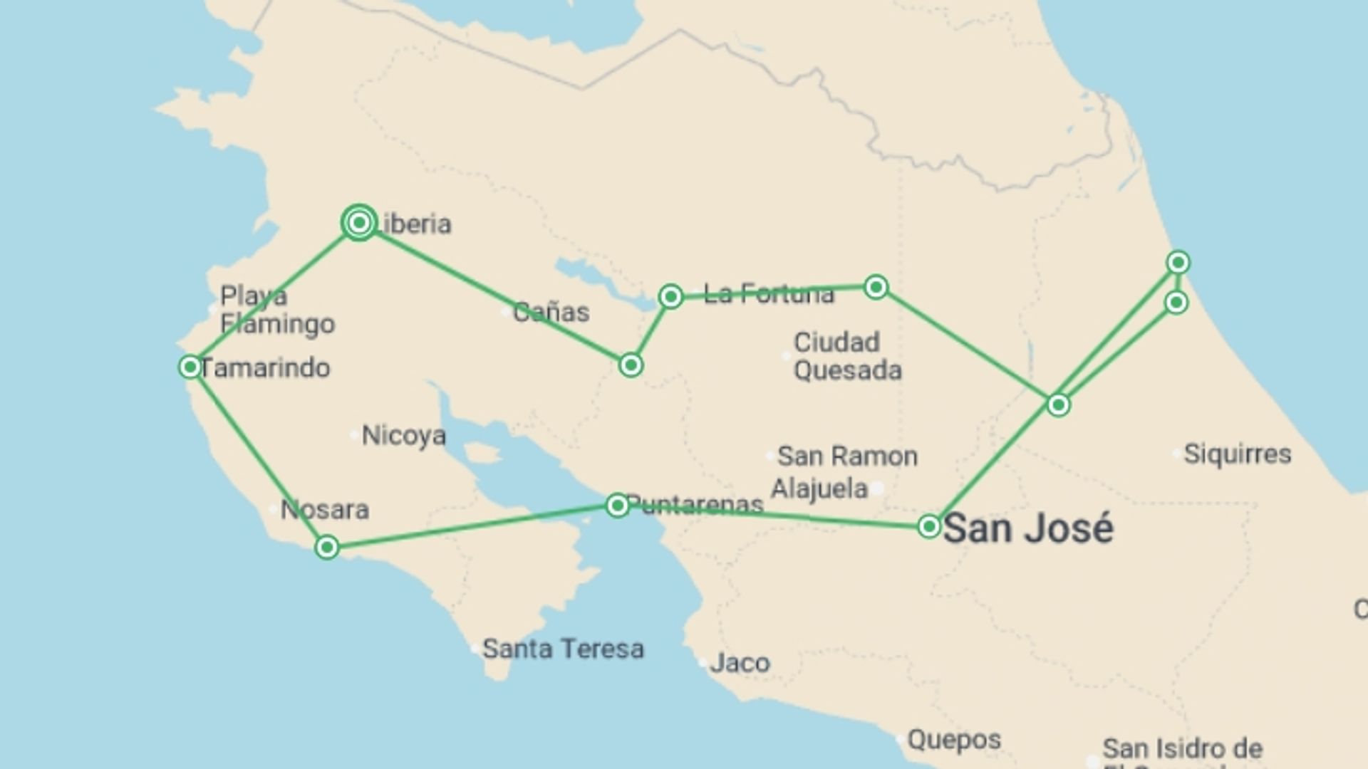 A map showing the tour itinerary for the trip: Beaches And Nature With Santa Teresa, starting in Liberia City, Costa Rica and ending in Liberia City, Costa Rica going through 9 other destinations.