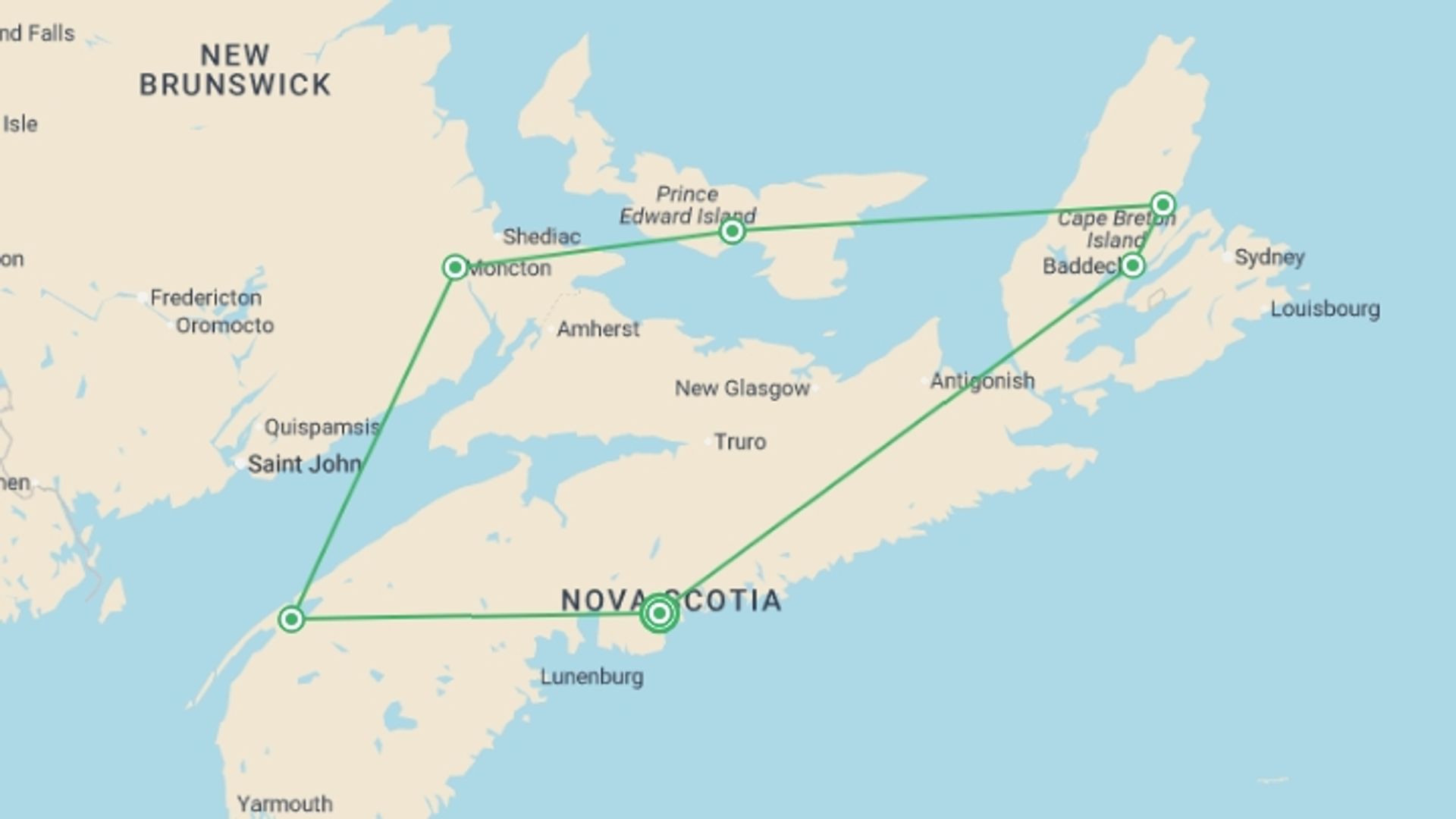 A map showing the tour itinerary for the trip: Landscapes of the Canadian Maritimes, starting in Halifax, Canada and ending in Halifax, Canada going through 5 other destinations.