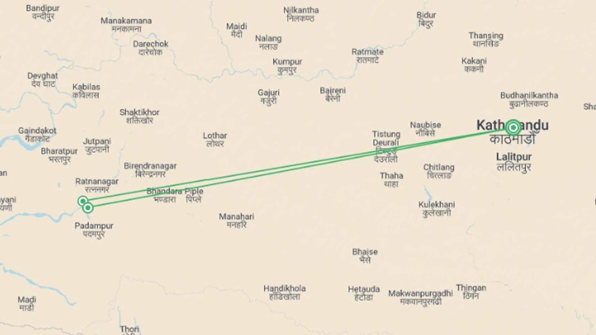 A map showing the tour itinerary for the trip: Nepal Wildlife Safari Group Tour, starting in Kathmandu, Nepal and ending in Kathmandu, Nepal going through 3 other destinations.