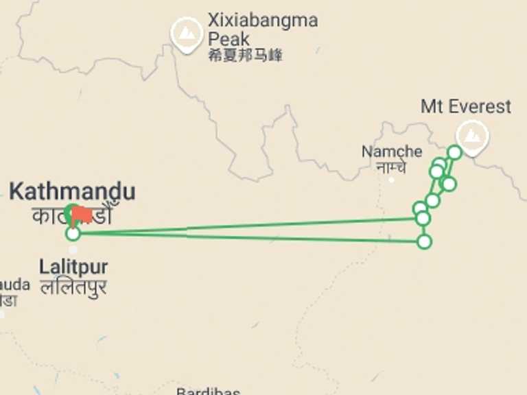 Map itinerary of Everest Base Camp trek Tour in November 2026 with 11 destination visits for the trip: Everest Base Camp trek 