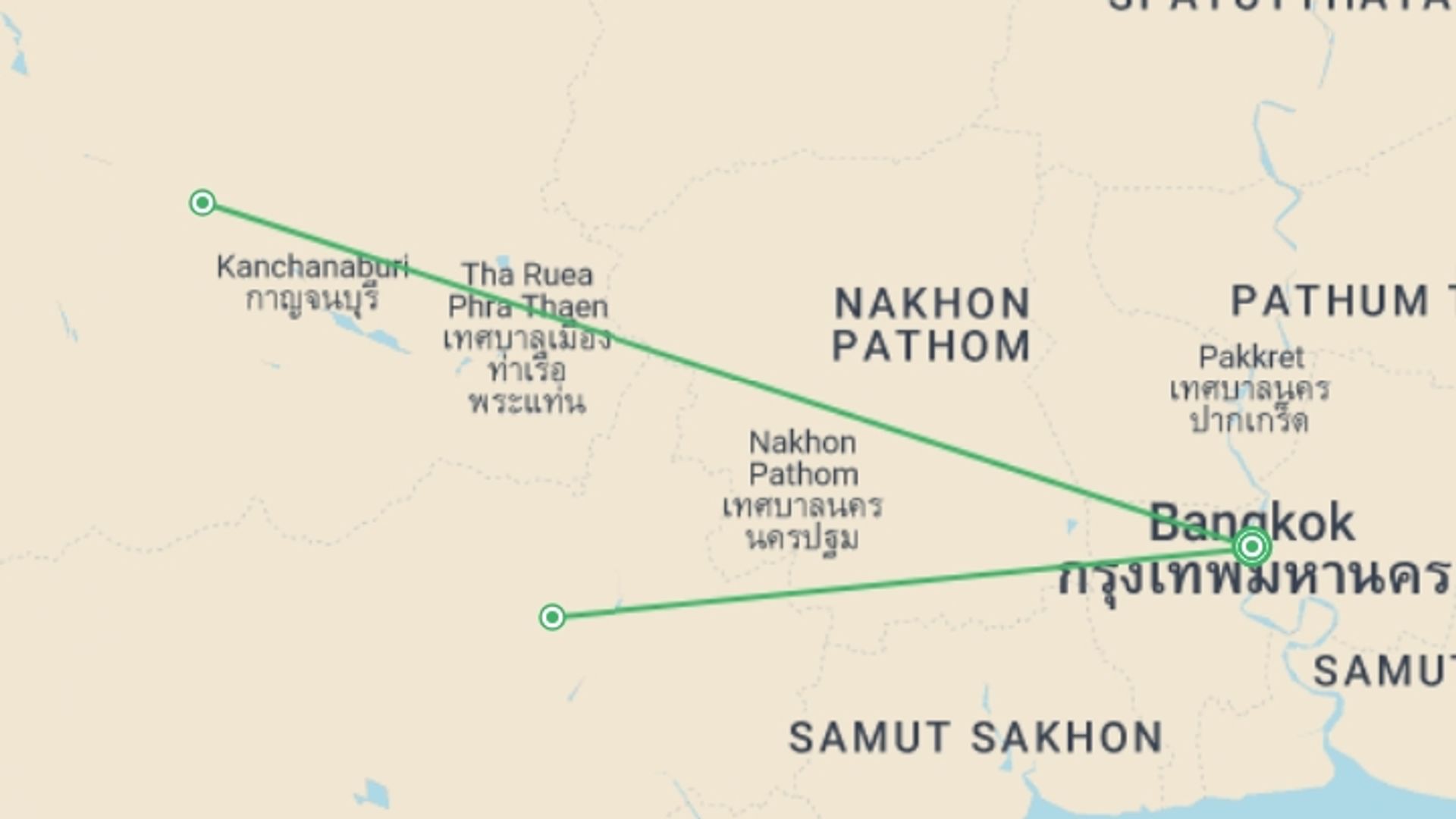 A map showing the tour itinerary for the trip: Must See Bangkok, City Break - Private Tour, starting in Bangkok, Thailand and ending in Bangkok, Thailand going through 0 other destinations.