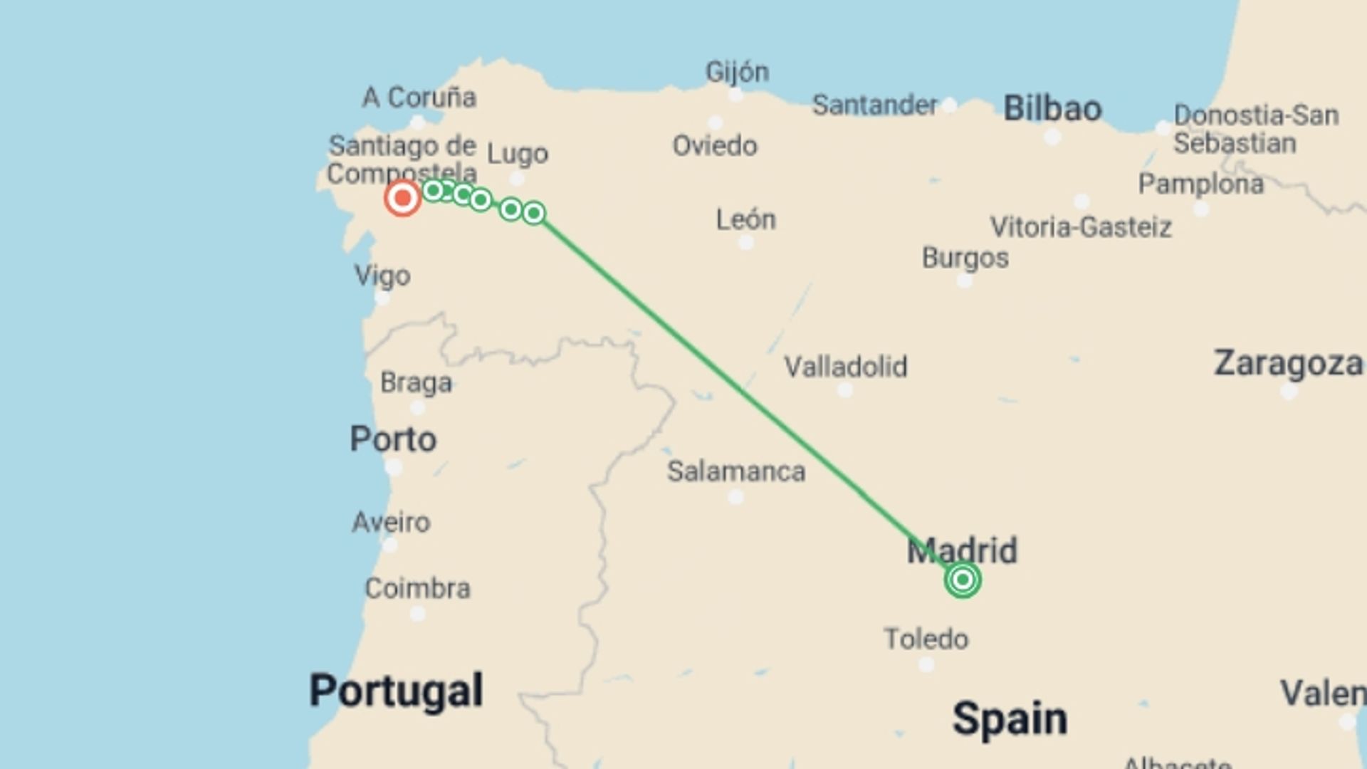 A map showing the tour itinerary for the trip: Camino de Santiago Encompassed, starting in Madrid, Spain and ending in Santiago De Compostela, Spain going through 6 other destinations.