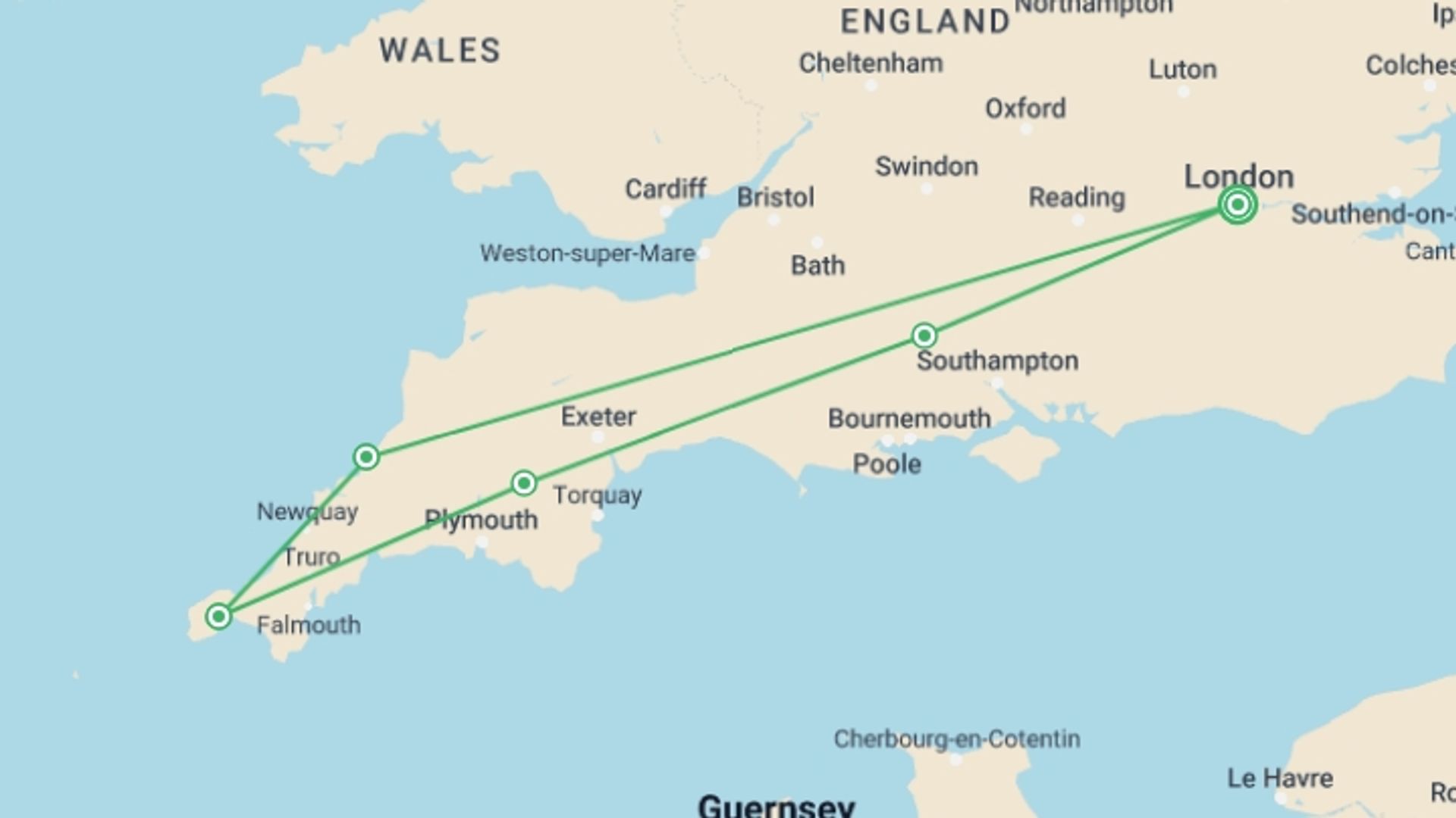 A map showing the tour itinerary for the trip: Highlights of South-West England, starting in London, England and ending in London, England going through 4 other destinations.