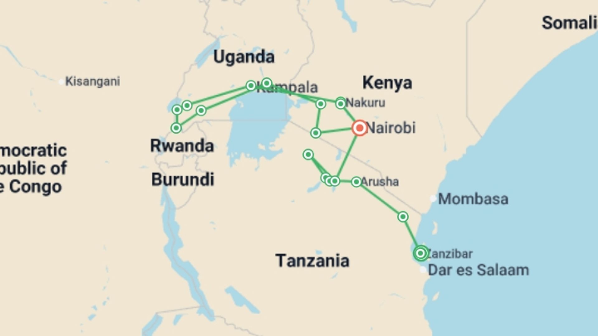 A map showing the tour itinerary for the trip: Beaches, Game Parks & Gorillas, starting in Zanzibar, Tanzania and ending in Nairobi, Kenya going through 16 other destinations.