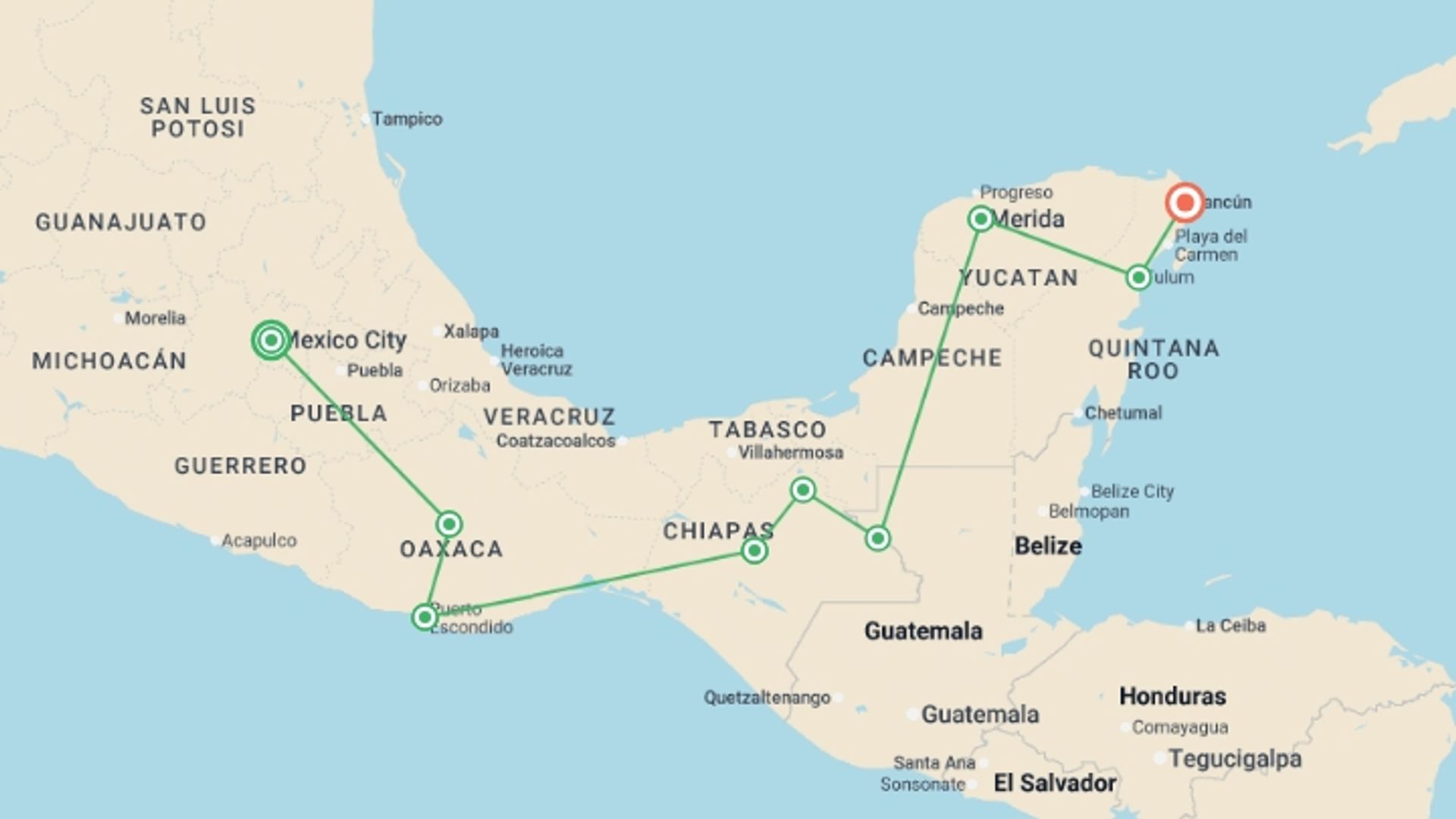 A map showing the tour itinerary for the trip: Magical Mexico Adventure 17D/16N, starting in Mexico City, Mexico and ending in Cancún, Mexico going through 7 other destinations.