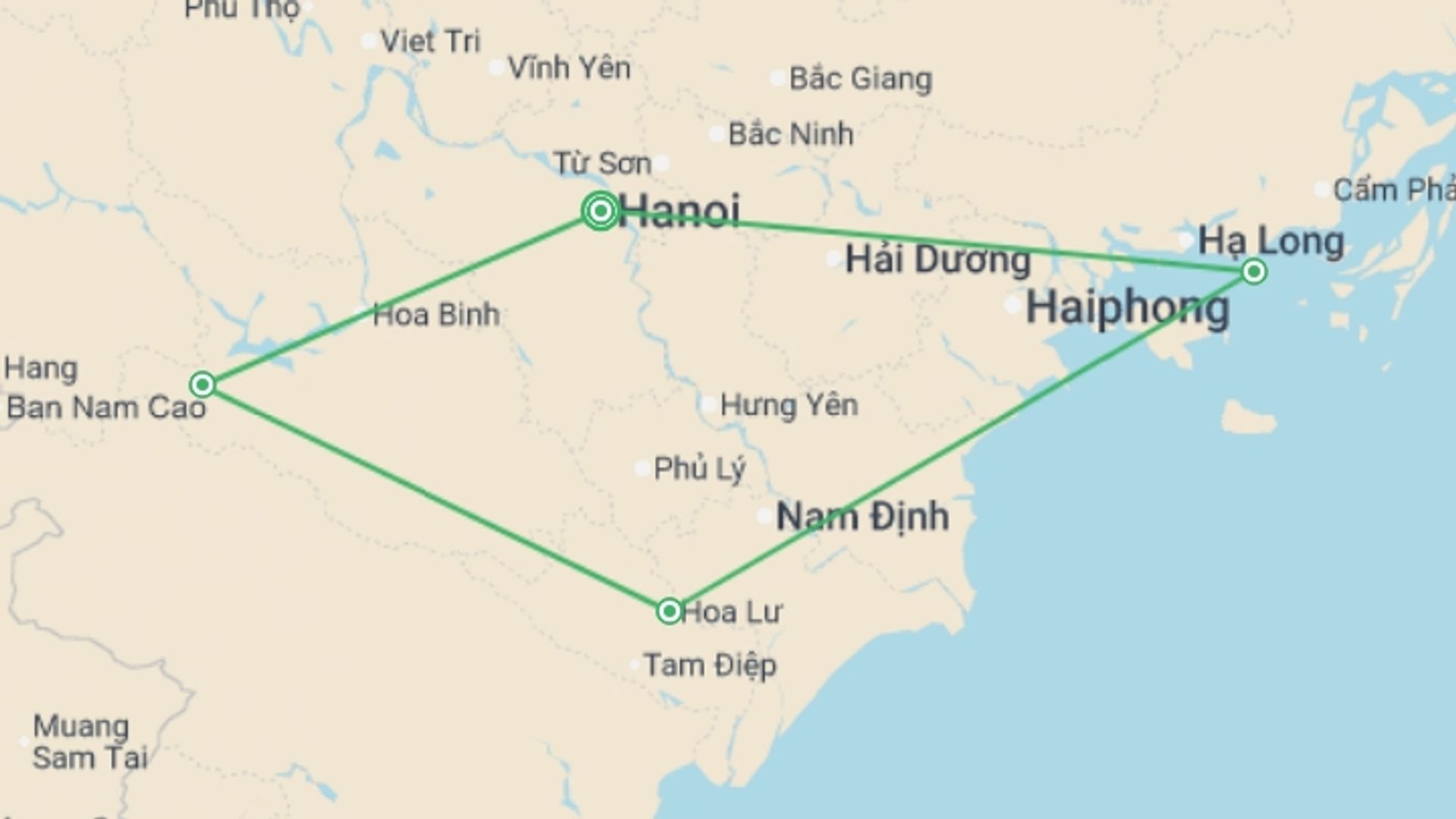A map showing the tour itinerary for the trip: Journey Through Northern Vietnam , starting in Hanoi, Vietnam and ending in Hanoi, Vietnam going through 3 other destinations.