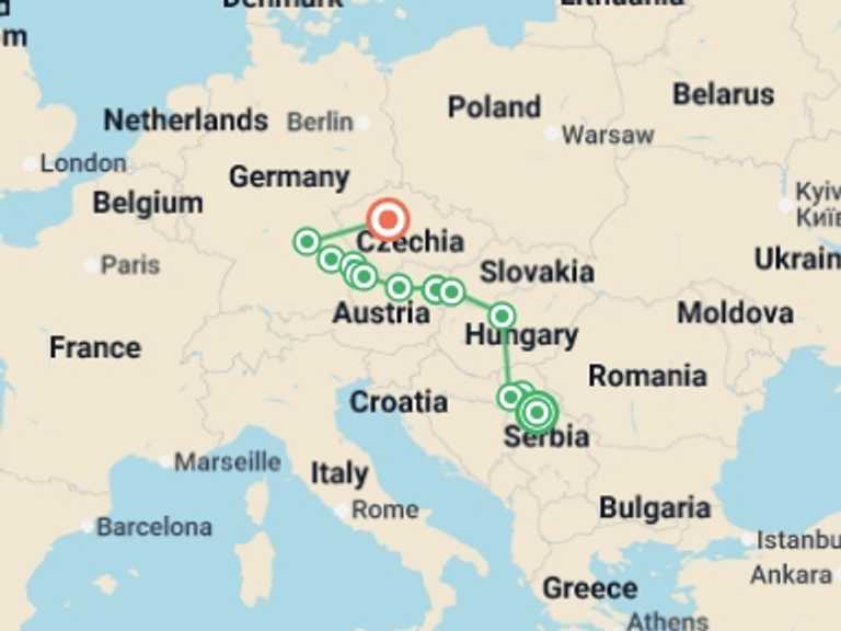 Map itinerary of Vienna Tour in October 2026 with 12 destination visits for the trip: Danube Grandeur & Prague (2026)